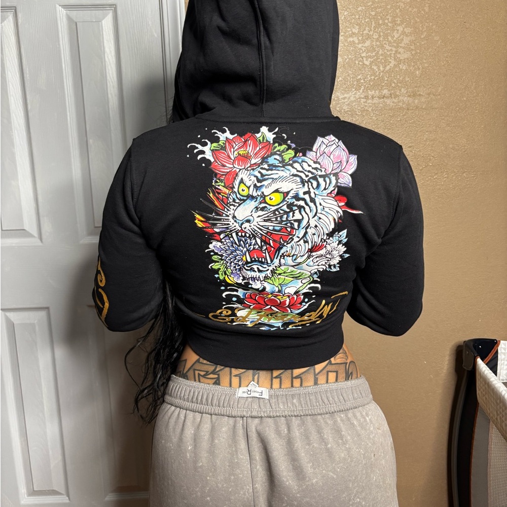 Ed Hardy Black Cropped Hoodie with Multicolor Tiger Back Graphic